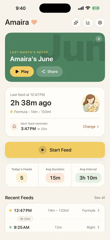 Feed Easy home screen with a monthly recap banner